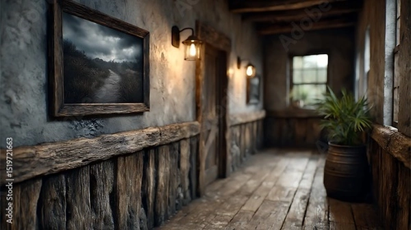 Fototapeta A quiet hallway in a traditional home with framed artwork, wooden floors, and soft sconces casting warm light.