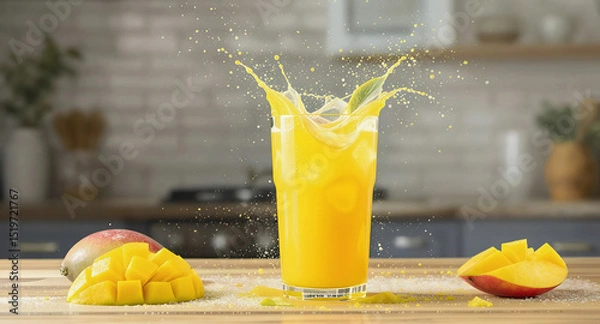 Obraz Mango juice splashes on a wooden table, creating a vibrant and refreshing scene, Generative AI.