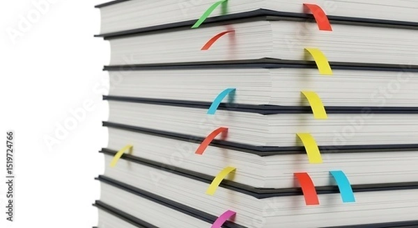 Obraz Stack of Notebooks with Colorful Page Markers Showing Organized Information