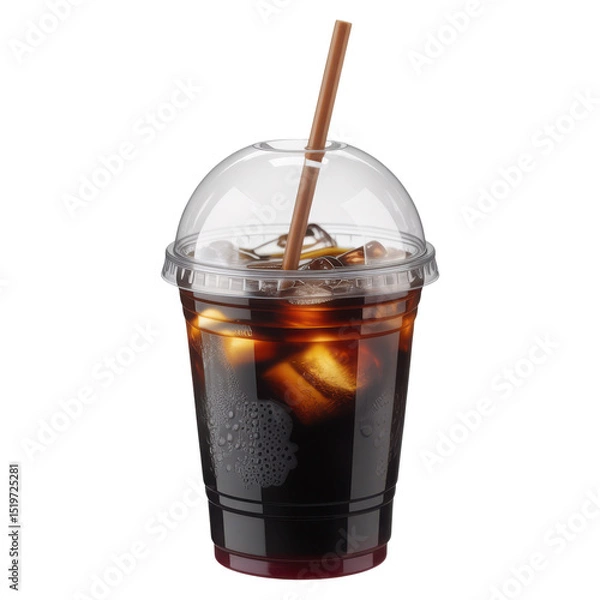 Fototapeta Iced black coffee in takeaway plastic cup with straw, refreshing cold caffeinated drink for on-the-go, Isolated Transparent Background