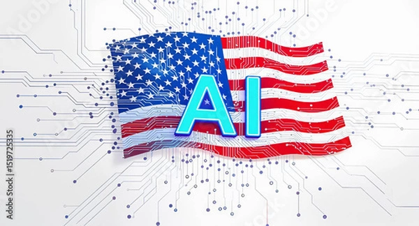 Fototapeta American flag billowing next to a circuit board AI logo, illustrating the blend of patriotism and innovation, Generative AI.