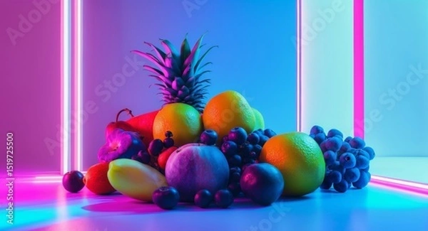 Fototapeta Vibrant Fruit Still Life in Neon Lights, a Modern and Colorful Composition.
