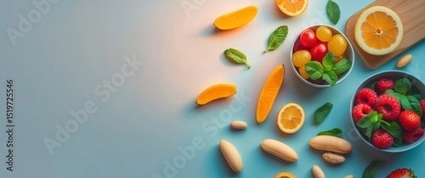 Fototapeta Vibrant Fruit Composition on Pastel Background, Fresh and Healthy Food Display,Top View