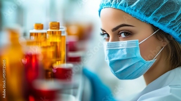 Fototapeta Professional female scientist wearing a mask and cap in a laboratory, focusing on colorful chemical bottles. Health, research, and innovation unite in this engaging image.