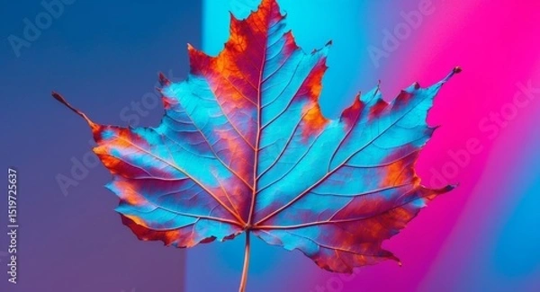 Fototapeta Vivid Autumn Leaf in Neon Light, a Study of Colors and Textures in Natures Embrace.