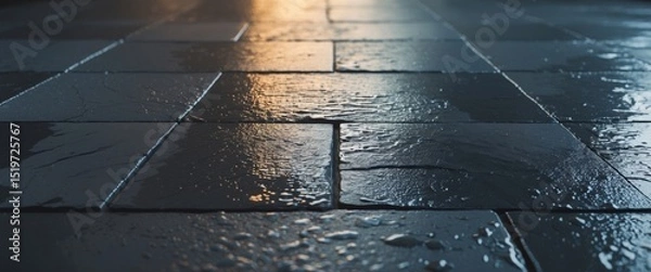 Fototapeta Wet Dark Stone Tiles With Reflections, a LowAngle View Showing Texture and Detail.