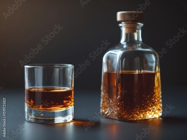 Fototapeta Whiskey Still Life. A Decanter and a Glass of Amber Liquid on a Dark Surface.