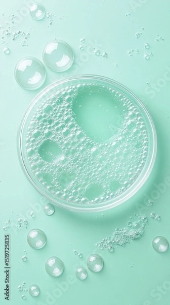 Fototapeta Clear petri dish bubbles on turquoise surface, showcasing a calming and scientific aesthetic with soft lighting, perfect for beauty, skincare, or laboratory themes.