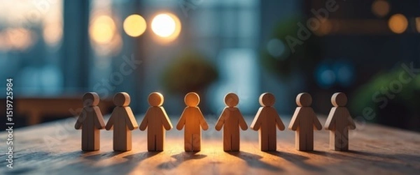 Fototapeta Wooden Figures Holding Hands, Symbolizing Unity, Teamwork, and Collaboration, Connection