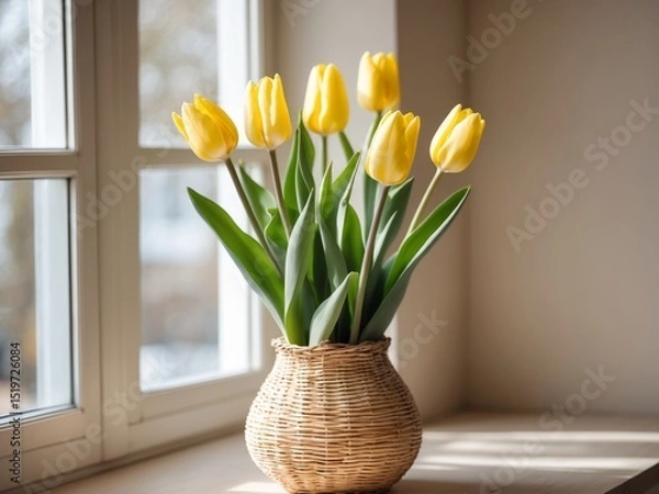 Fototapeta Yellow Tulips in Wicker Vase on a Window Sill, Bathed in Sunlight, Close Up View.