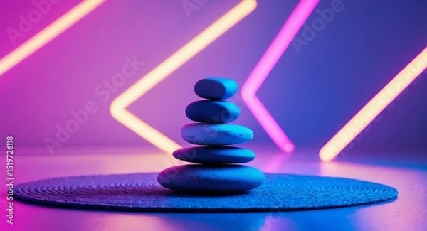 Fototapeta Zen Stones Balanced on a Mat with Neon Lights in the Background, Balance and Harmony