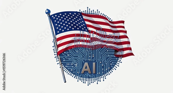 Fototapeta Circuit board AI logo with a waving USA flag, showcasing the fusion of national pride and cutting-edge technology, Generative AI.