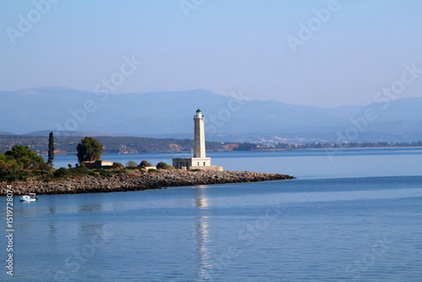 Fototapeta Panoramic view over the Gythio bay with its lighthouse (Peloponnese, Greece)