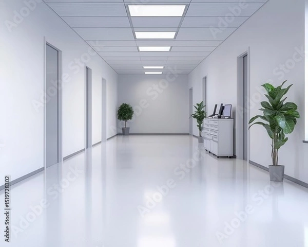 Fototapeta Ambient white innovation lab with modular workspace layout