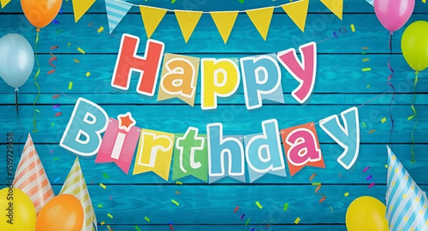 Fototapeta A vibrant "Happy Birthday" banner with balloons and confetti against a blue wooden backdrop, celebrating a joyful occasion, Generative AI.