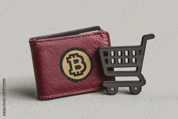 Fototapeta Illustration of a digital red wallet and cart for crypto transactions