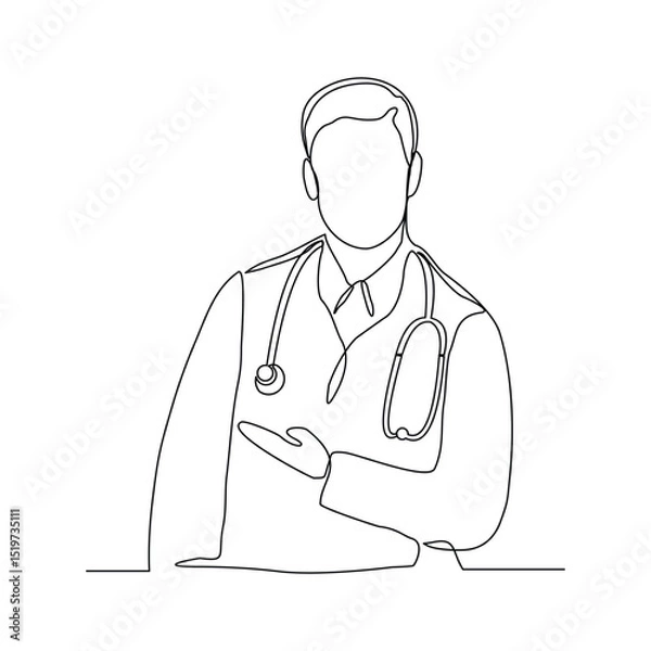 Fototapeta Continuous line drawing of man doctor with stethoscope and medical uniform. One line sketch editable stroke of health care concept. Vector illustration