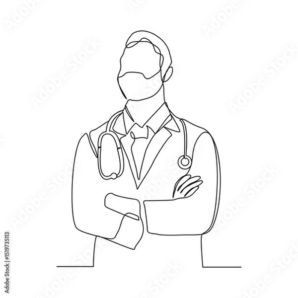 Fototapeta Continuous line drawing of man doctor with stethoscope and medical uniform. One line sketch editable stroke of health care concept. Vector illustration
