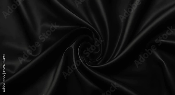 Fototapeta Black satin fabric featuring a swirl pattern, highlighted by soft curves and folds on a deep black backdrop, Generative AI.