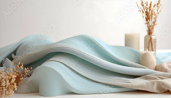 Obraz Soft pastel fabric drapes with candles and dried flowers for a serene aesthetic.