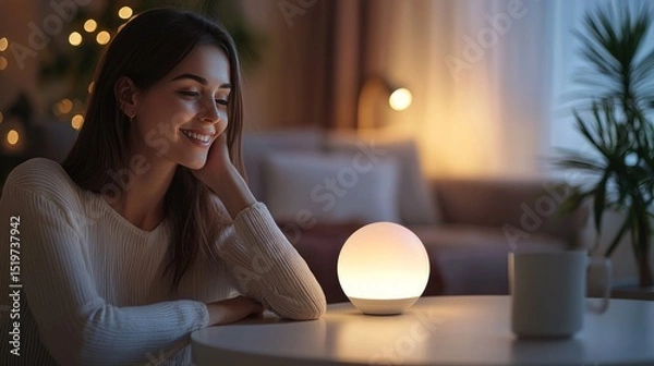 Obraz Serene Evening Glow, Woman Relaxing with Warm Ambient Lighting