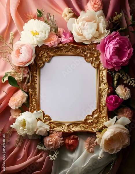 Obraz A decorative golden frame surrounded by pastel flowers on a soft fabric backdrop.