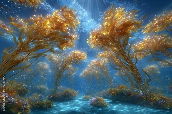 Obraz Underwater kelp forest with sun rays filtering through the surface creating a serene view