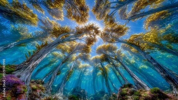 Obraz Underwater kelp forest with sun rays shining through the canopy creating a serene scene