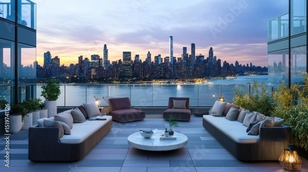 Obraz Luxury Penthouse Sunset View,  Cityscape Panorama from Private Terrace