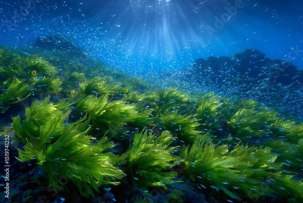 Obraz Underwater marine life teeming with fish and vibrant green algae in ocean sunlight
