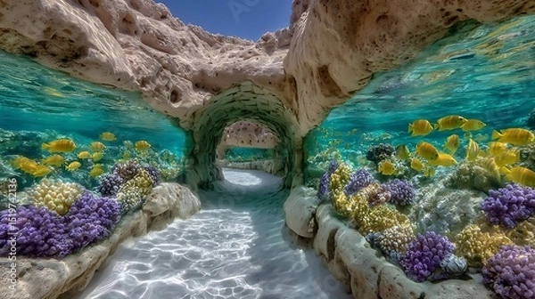 Obraz Underwater tunnel with colorful coral reefs and vibrant fish swimming through crystal clear sea