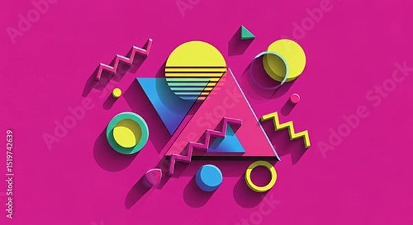 Fototapeta 1980s retro style with bold geometric shapes in neon colors on vibrant magenta background, creating dynamic composition