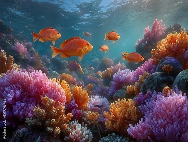 Obraz Vibrant coral reef ecosystem teeming with orange fish swimming in crystal clear waters