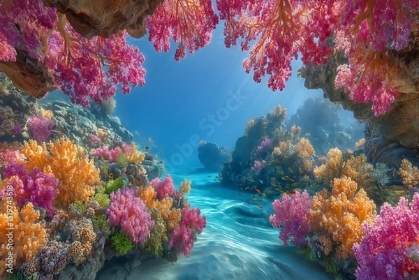 Obraz Vibrant coral reef ecosystem with colorful soft corals and clear turquoise water