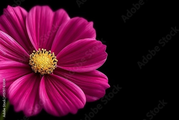 Obraz Vibrant cosmos flower on a black background showcasing delicate petals and bright yellow center