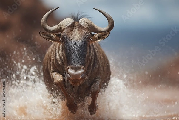 Obraz Wildebeest charges ferociously through water creating a dynamic wildlife moment