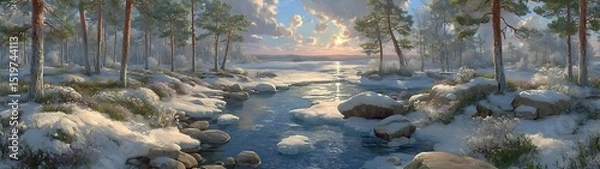 Obraz Winter landscape painting of a river flowing through a snowy forest at sunset