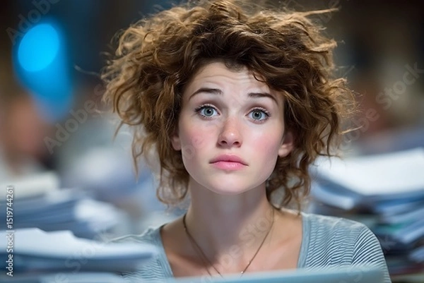 Obraz Young woman with curly hair gazes upward with a worried expression amid stacks of papers