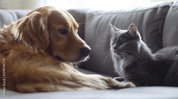 Fototapeta Friendship of a dog and cat. Generative Ai