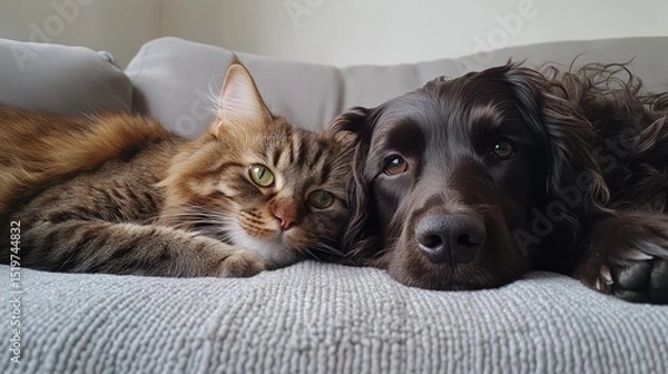 Fototapeta Friendship of a dog and cat. Generative Ai