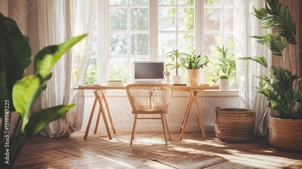 Obraz Sunlight Streams into a Cozy Home Office Decorated with Lush Plants and a Wooden Desk