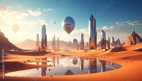 Fototapeta Surreal Desert Landscape with Floating Spheres and Crystalline Structures