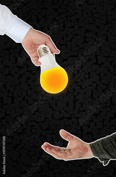Fototapeta A glowing light bulb—representing knowledge, ideas, and inspiration—is handed from one person to another