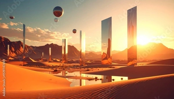Fototapeta Surreal Desert Landscape with Reflective Monoliths and Floating Orbs at Sunset