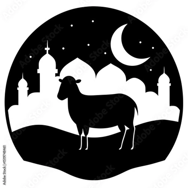 Fototapeta A silhouette of a sheep under the moonlight with a  mosque in the background