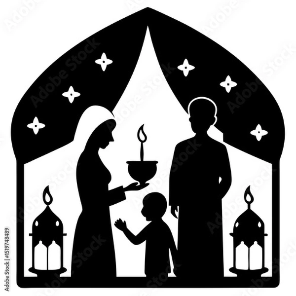 Fototapeta Silhouette of Family Celebrating Ramadan with Lanterns and Candle