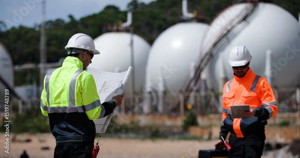 Obraz Two man industrial engineer with green and orange safety suit working with blueprint drawing at Refinery and gas petrochemical plant