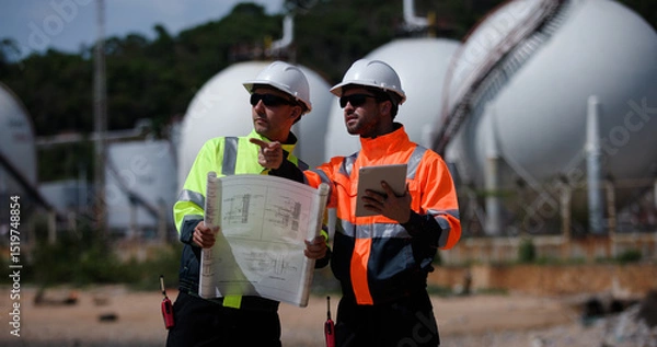 Obraz Two man industrial engineer with green and orange safety suit working with blueprint drawing at Refinery and gas petrochemical plant