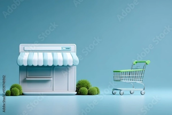 Fototapeta Modern online store design with miniature shopping cart on vibrant blue background