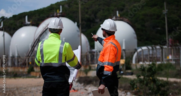 Obraz Two man industrial engineer with green and orange safety suit working with blueprint drawing at Refinery and gas petrochemical plant